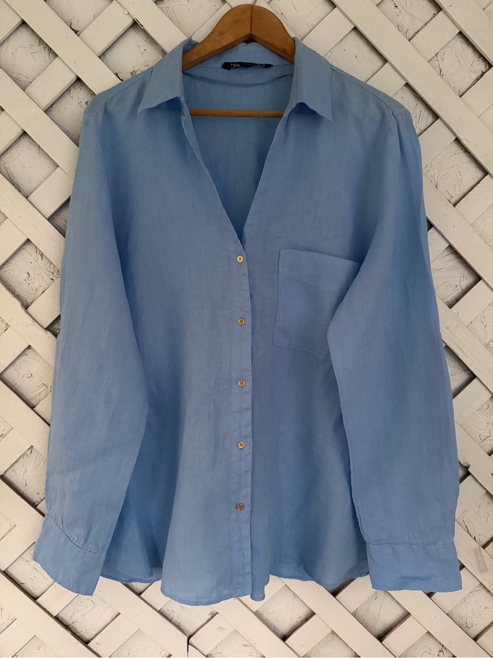 Zara Women 100% Linen Top XXL Blue Long Sleeve Coastal Button Down Resort Summer